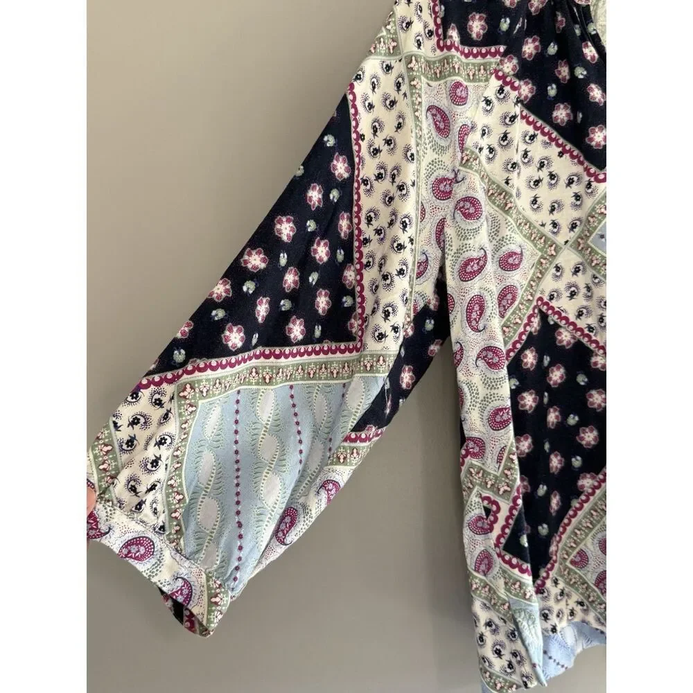 Loft Linen Blend Patchwork Blouse‎ Top Balloon Sleeve Peasant Floral Paisley Med